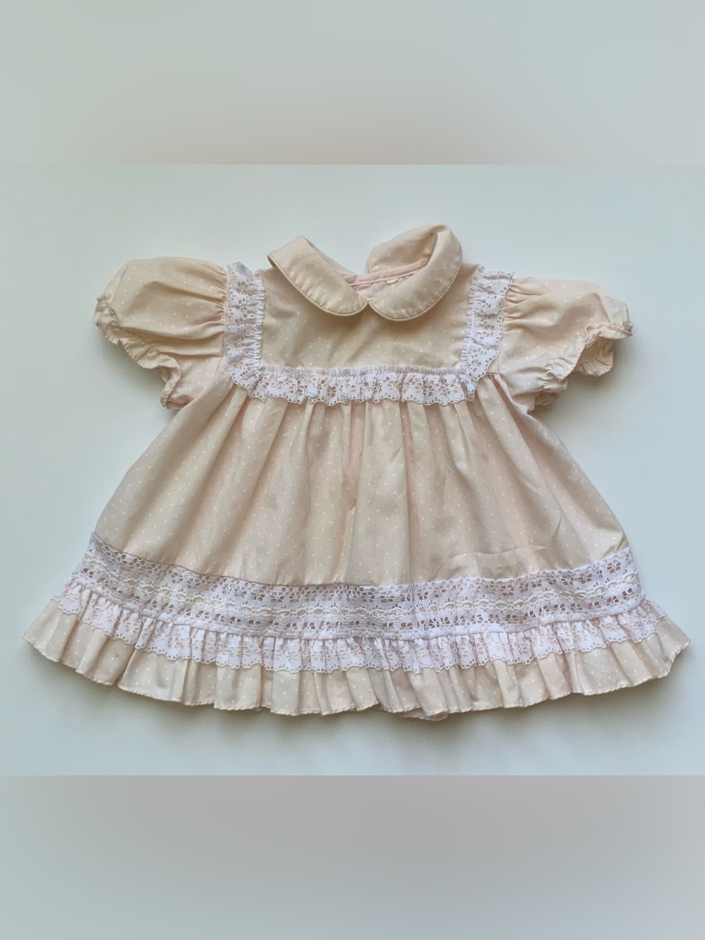 Vintage 80s Pale Blush Swiss Dot Baby Dress with Lace Trim